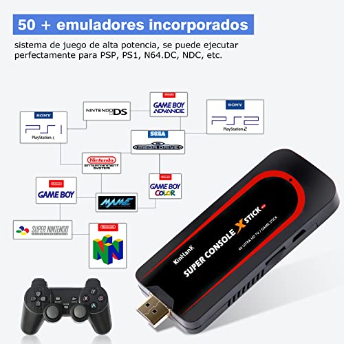 Consola de juegos Super Console X Stick con más de 50000 juegos, sistemas Emuelec 3.9 / Android 7.1, 2 en salida UHD de 1,4K, compatible con PS1 / PSP / DC, WiFi, 2 gamepads (256GB)