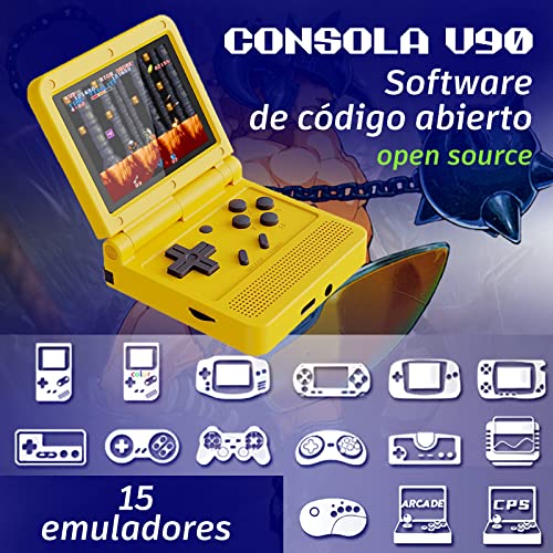 Consola portatil retro, Powkiddy V90, más de 2000 juegos de Snes, Nes, GB, GB advance, Megadrive, Neogeo, PSone, Neogeo, Mame, Código abierto Linux, Juegos Msdos, Posibilidad de añadir juegos