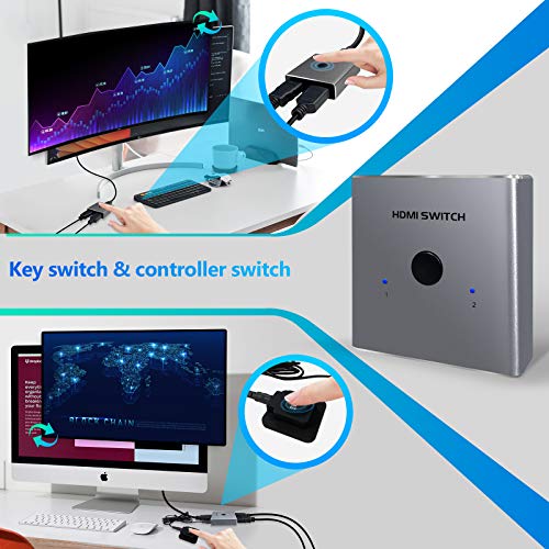 [Controlador Incluido] HDMI Switch Veiniya Conmutador HDMI 4k 60Hz HDR Aluminum Bidireccional 2×1 1×2 HDMI 2.0 HDCP2.2 CEC Soporta 4k 3D 1080P Dolby 7.1CH para HDTV BLU-Ray PS3 PS4 Xbox