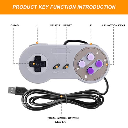 Controlador USB SNES Laelr Paquete de 2 Controladores de gamepad retro SNES con cable para Super Nintendo con cables de extensión USB de 5 pies Controladores Joypad para Windows PC portátil Mac