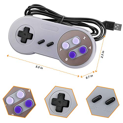 Controlador USB SNES Laelr Paquete de 2 Controladores de gamepad retro SNES con cable para Super Nintendo con cables de extensión USB de 5 pies Controladores Joypad para Windows PC portátil Mac