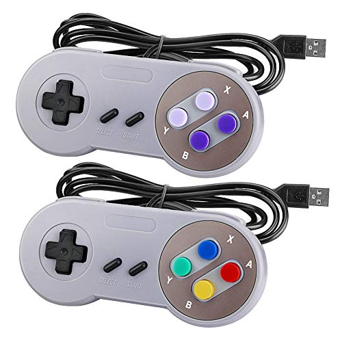 Controlador USB SNES Laelr Paquete de 2 Controladores de gamepad retro SNES con cable para Super Nintendo con cables de extensión USB de 5 pies Controladores Joypad para Windows PC portátil Mac