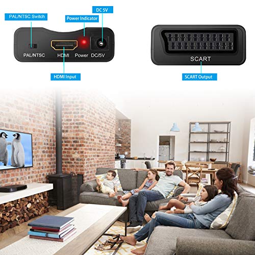 Convertidor HDMI a Scart, Tiancai Adaptador de HDMI a Euroconector Video Convertidor CVBS Input para PS3 PS4 VCR DVD BLU-Ray Wii TV Box Sky HD