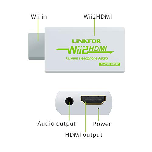 Convertidor Wii a HDMI Adaptador Wii2HDMI 720P / 1080P Conversor de Video Puerto HDMI con Salida Audio 3.5mm Jack Soporte NTSC PAL Compatible con Wii HDTV Proyector-Blanco