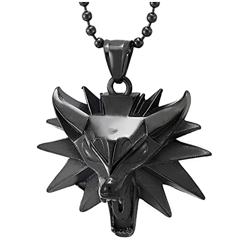 COOLSTEELANDBEYOND Negro Rugido Zorro Cabeza Collar con Colgante de Hombre Mujer, Acero Inoxidable, Bola Cadena 75CM, Punk Rock