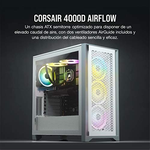 Corsair 4000D Airflow Chasis ATX Semitorre con Cristal Templado, Panel Frontal con Un Caudal de Aire Elevado, Panel Lateral de Cristal Templado, Dos Ventiladores de 120 mm Incluidos, Color Blanco