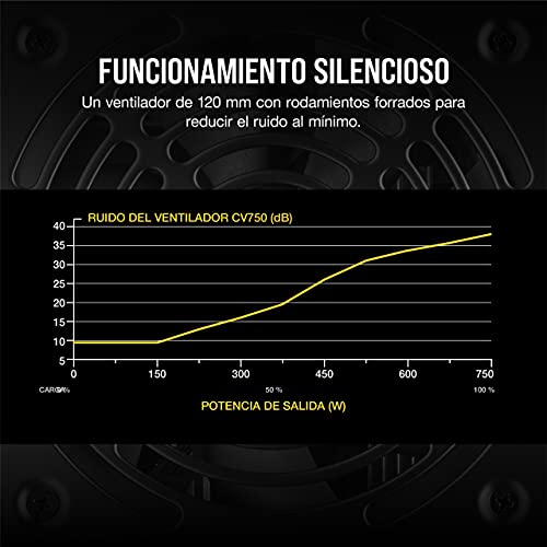 Corsair CV750 80 PLUS Bronze No Modular ATX 750 Vatios Alimentación Corriente Estable Plena, Ventilador de Refrigeración Silencioso de 120 mm, Carcasa Compacta, Carcasa y Cables Negros EU Negro