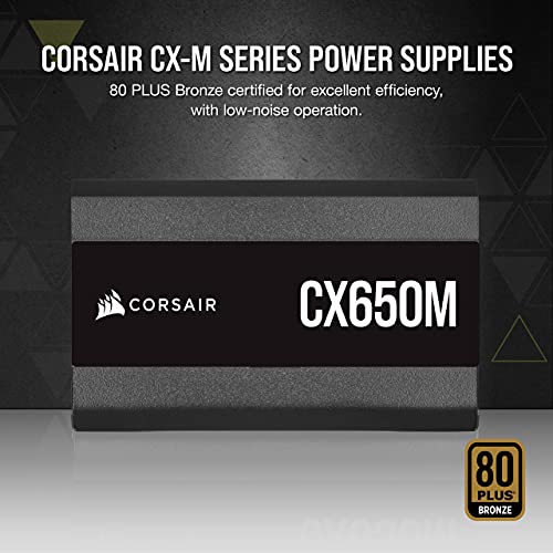 Corsair CX650M (2021), Serie CX-M, 650 W 80 Plus Fuente de alimentación ATX semimodular de bajo Ruido (conexión EPS12V única, operación de bajo Ruido, condensadores de 105 °C, tamaño Compacto) Negro