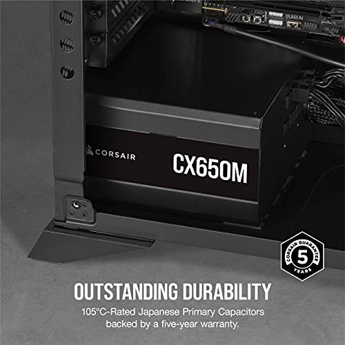 Corsair CX650M (2021), Serie CX-M, 650 W 80 Plus Fuente de alimentación ATX semimodular de bajo Ruido (conexión EPS12V única, operación de bajo Ruido, condensadores de 105 °C, tamaño Compacto) Negro