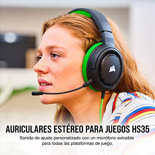 Corsair HS35 - Auriculares Stereo para Juegos (Membrana Neodimio de 50 mm, Micrófono Unidireccional Extraíble, Estructura Ligera, Compatible con Xbox One, PS4, Nintendo Switch y Móviles), Verde