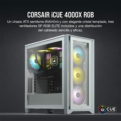 Corsair iCUE 4000X RGB Chasis ATX Semitorre con Cristal Templado, Paneles Frontal y Lateral de Cristal Templado, Espacioso Interior, Tres Ventiladores RGB de 120 mm Incluidos, Color Blanco