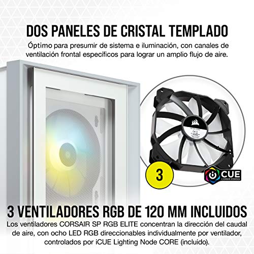 Corsair iCUE 4000X RGB Chasis ATX Semitorre con Cristal Templado, Paneles Frontal y Lateral de Cristal Templado, Espacioso Interior, Tres Ventiladores RGB de 120 mm Incluidos, Color Blanco