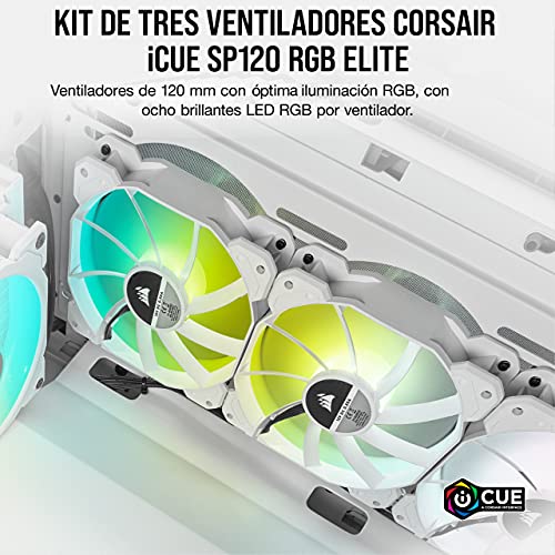 Corsair iCUE SP120 RGB ELITE 120mm PWM Set de tres ventiladores con iCUE Lighting Node CORE, Tecnología CORSAIR AirGuide, Ocho LED RGB direccionables, baja sonoridad de 18 dBA, hasta 1.500 RPM, Blanco