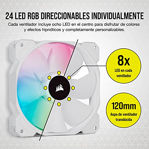 Corsair iCUE SP120 RGB ELITE 120mm PWM Set de tres ventiladores con iCUE Lighting Node CORE, Tecnología CORSAIR AirGuide, Ocho LED RGB direccionables, baja sonoridad de 18 dBA, hasta 1.500 RPM, Blanco