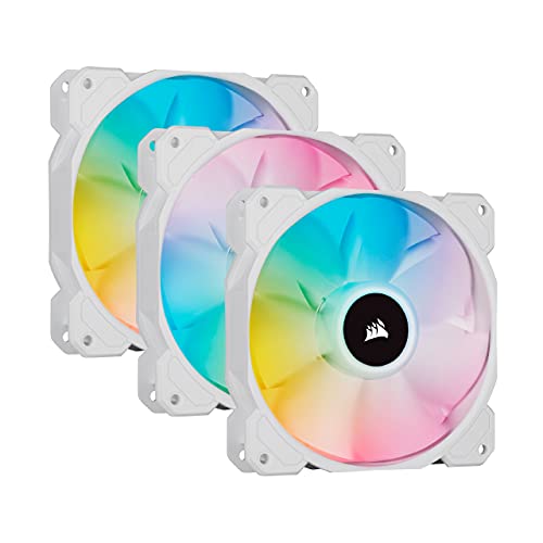 Corsair iCUE SP120 RGB ELITE 120mm PWM Set de tres ventiladores con iCUE Lighting Node CORE, Tecnología CORSAIR AirGuide, Ocho LED RGB direccionables, baja sonoridad de 18 dBA, hasta 1.500 RPM, Blanco