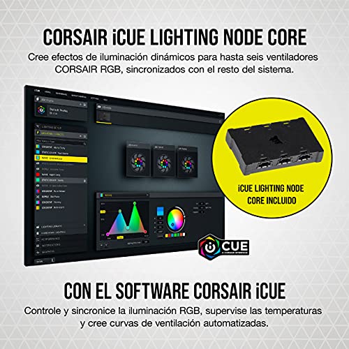 Corsair iCUE SP120 RGB ELITE 120mm PWM Set de tres ventiladores con iCUE Lighting Node CORE, Tecnología CORSAIR AirGuide, Ocho LED RGB direccionables, baja sonoridad de 18 dBA, hasta 1.500 RPM, Blanco