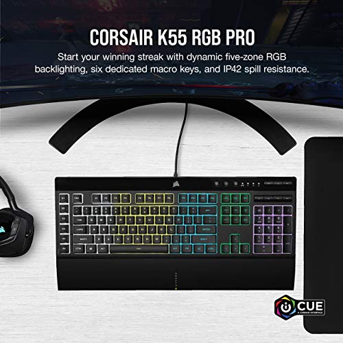 Corsair K55 RGB Pro - Retroiluminación RGB dinámica - Seis Teclas Macro con integración de Software Elgato Stream Deck - IP42 Resistente al Polvo y a los derrames - Reposamanos Desmontable
