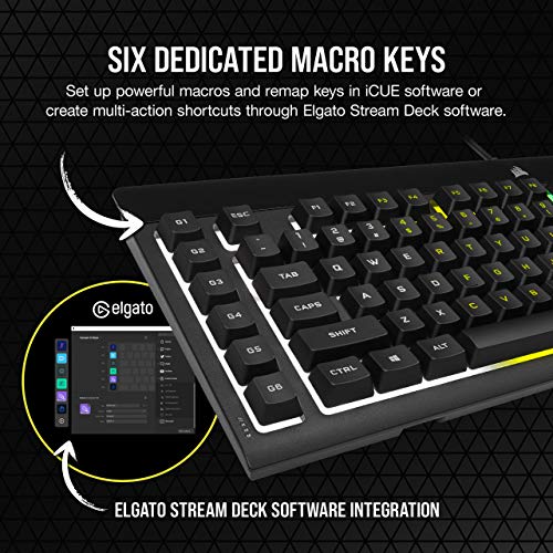 Corsair K55 RGB Pro - Retroiluminación RGB dinámica - Seis Teclas Macro con integración de Software Elgato Stream Deck - IP42 Resistente al Polvo y a los derrames - Reposamanos Desmontable