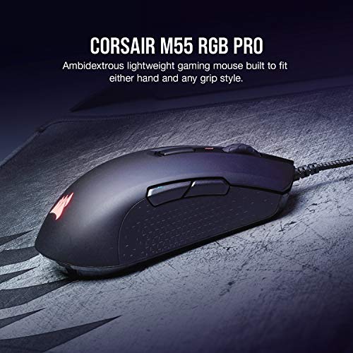Corsair M55 RGB Pro - Ratón para Videojuegos con Cable, ambidiestro, Mango multigrip, 12.400 dpi, Sensor Ajustable, 8 Botones programables, Color Negro