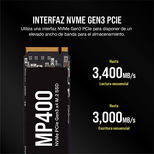 Corsair MP400 1TB Gen3 PCIe x4 NVMe M.2 SSD (Velocidades de Lectura Secuencial de hasta 3.400 MB/s y de Escritura Secuencial de 3.000 MB/s, 3D QLC NAND de Alta Densidad) Negro