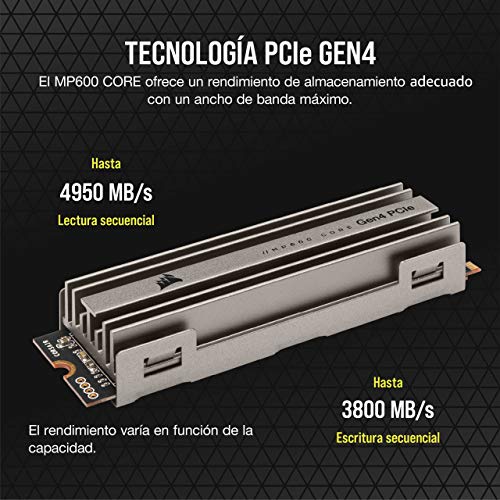 Corsair MP600 Core 1 TB M.2 NVMe PCIe x4 Gen4 SSD, hasta 4.700 MB/s Velocidad de Lectura Secuencial y de Escritura Secuencial 1.950 MB/s, Interfaz Alta Velocidad, 3D QLC NAND, Aluminio