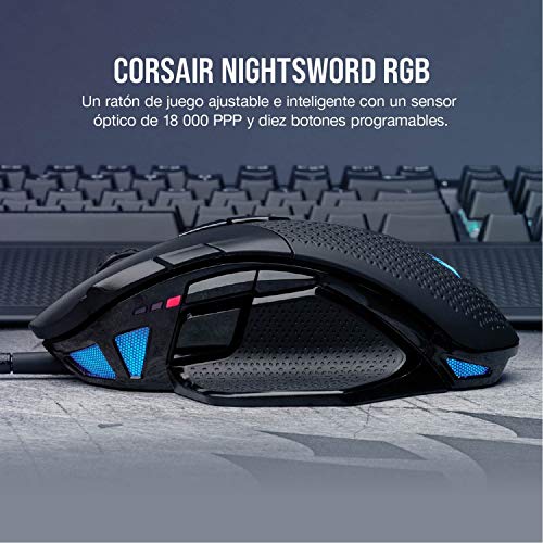 Corsair Nightsword RGB - Ratón óptico para juegos FPS/MOBA (18.000 PPP Sensor Óptico, Sistema de Peso Ajustable, 8 Botones Programables, Retroiluminación LED RGB) negro
