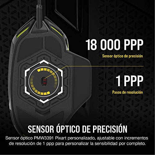 Corsair Nightsword RGB - Ratón óptico para juegos FPS/MOBA (18.000 PPP Sensor Óptico, Sistema de Peso Ajustable, 8 Botones Programables, Retroiluminación LED RGB) negro