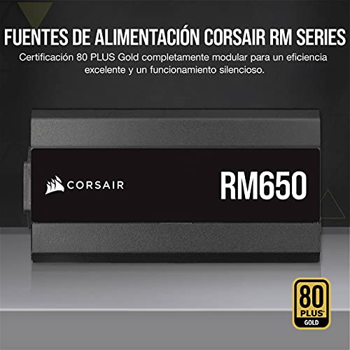 Corsair RM650 2021, RM Series, 650 Watts 80 Plus Gold Fuente de Alimentación ATX Totalmente Modular, Conectores Dobles EPS12V, Poco Ruido, Modo de Zero RPM, Condensadores de 105 °C, Negro