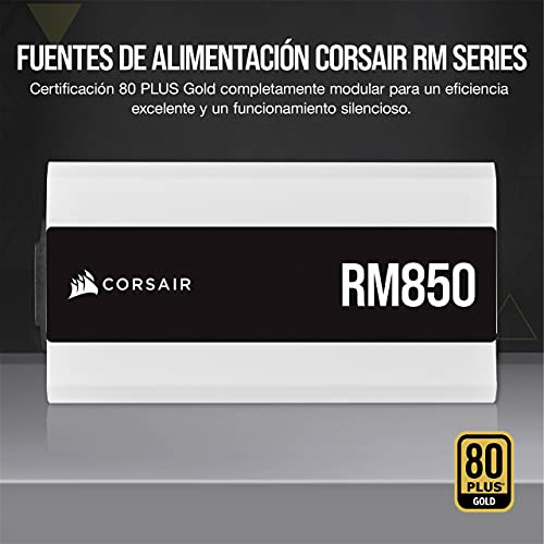 Corsair RM850 2021, RM Series, 850 Watts 80 Plus Gold Fuente de Alimentación ATX Totalmente Modular, Conectores Triples EPS12V, Poco Ruido, Modo de Zero RPM, Condensadores de 105 °C, Blanco