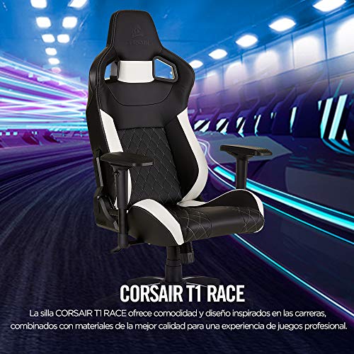 Corsair T1 Race - Silla de Polipiel Videojuegos (Fácil de Ensamblar, Giratoria Ergonómica, Altura Ajustable y Reposabrazos 4D, Asiento Ancho y Cómodo con Reclinador Alto) Blanco