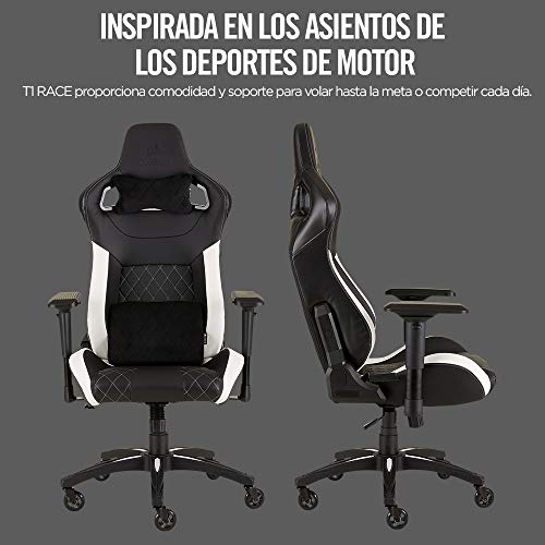 Corsair T1 Race - Silla de Polipiel Videojuegos (Fácil de Ensamblar, Giratoria Ergonómica, Altura Ajustable y Reposabrazos 4D, Asiento Ancho y Cómodo con Reclinador Alto) Blanco