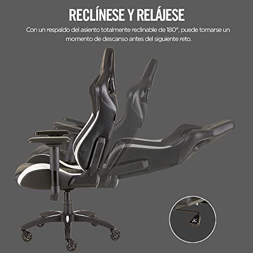 Corsair T1 Race - Silla de Polipiel Videojuegos (Fácil de Ensamblar, Giratoria Ergonómica, Altura Ajustable y Reposabrazos 4D, Asiento Ancho y Cómodo con Reclinador Alto) Blanco