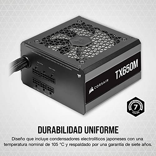Corsair TX650M (2021), TX-M Series, 650 Watt 80 PLUS Gold Fuente de Alimentación ATX Semimodular y Silenciosa (Funcionamiento Silencioso, Condensadores de 105 °C, Tamaño Compacto) Negro