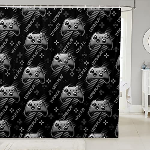 Cortina de baño Gamepad para videojuegos, cortina de ducha de videojuegos, tela negra de microfibra con botón retro impermeable con ganchos para puestos de baño, 72 x 84 pulgadas