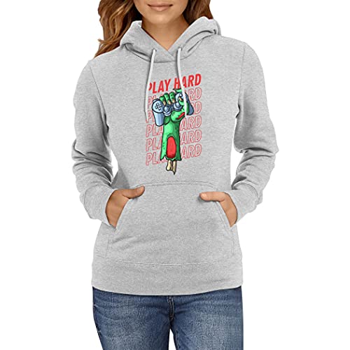 Cprint Gamer Girl Woman Hoodie Sweatshirt Play Hard Zombie Hand Nerd Geek Arcade Video Game PC Game Old School Gamer Gift ( Grey, L )