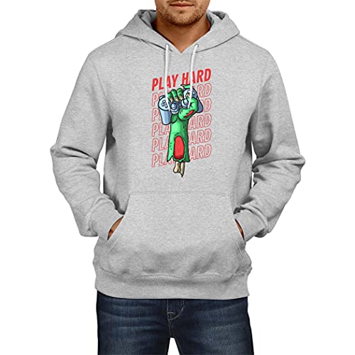 Cprint Gamer Hoodie Men Sweatshirt Play Hard Zombie Hand Nerd Arcade Video Game PC Game Old School Gamer Gift ( Grey, L )