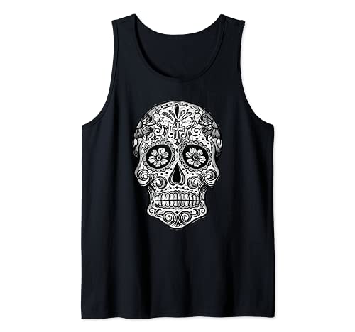 Cráneo de azúcar Negro Blanco Imagen Día de los Muertos Dios Camiseta sin Mangas