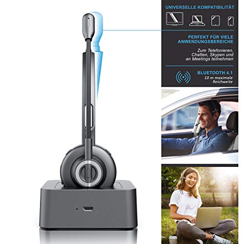 CSL - Auriculares inalámbricos Bluetooth con micrófono - Mono Tipo Diadema - Manos Libres - Puerto de Carga USB - Cancelación de Ruido - Compatible con PC Tableta Smartphone - Ideal para la Oficina