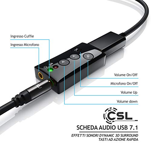 CSL - Tarjeta de Sonido Externa 7.1 USB - Surround Sound 3D dinámico - Incl. Botones de función - Plug & Play - Salida Audio y Entrada micrófono Jack 3,5mm - para portátil PC Mac