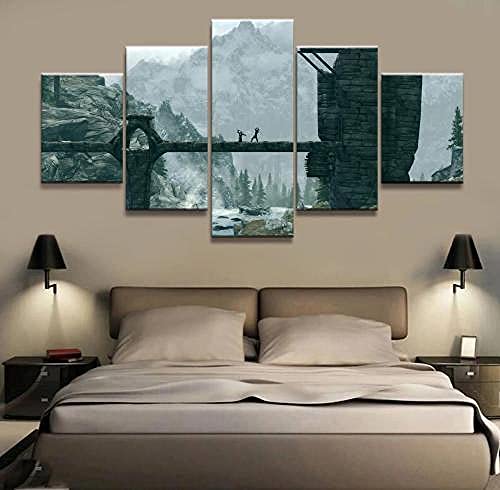 Cuadro Scrolls V Skyrim Adventure Fighting Game Battlefield XXL Impresiones En Lienzo 5 Piezas Cuadro Moderno En Lienzo Decoración para El Arte De La Pared del Hogar HD Impreso Mural Enmarcado