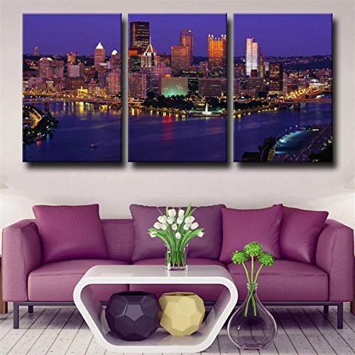 Cuadro sobre Lienzo 3 Piezas Gran Noche De Paisaje Urbano Junto Al Río Cuadros En Lienzo 3 Hojas Pintura De Arte De Pared Modular De 3 Piezas De La Sala Dormitorio De Estar-50X70Cmx3 Piezas