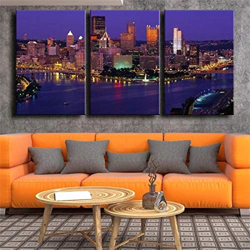 Cuadro sobre Lienzo 3 Piezas Gran Noche De Paisaje Urbano Junto Al Río Cuadros En Lienzo 3 Hojas Pintura De Arte De Pared Modular De 3 Piezas De La Sala Dormitorio De Estar-50X70Cmx3 Piezas
