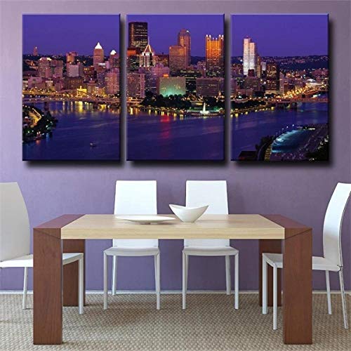 Cuadro sobre Lienzo 3 Piezas Gran Noche De Paisaje Urbano Junto Al Río Cuadros En Lienzo 3 Hojas Pintura De Arte De Pared Modular De 3 Piezas De La Sala Dormitorio De Estar-50X70Cmx3 Piezas