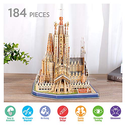 CubicFun National Geographic Puzzle 3D España Barcelona Sagrada Familia Kit de Gaudí Rompecabezas 3D Modelo Arquitectónico con Folleto de Regalo para Adults y Niños, 184 Piezas