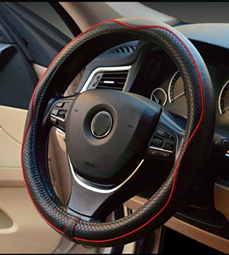 Cubierta de volante de cuero de microfibra para automóvil 15 pulgadas (negro rojo)