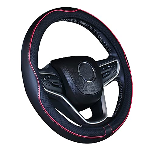 Cubierta de volante de cuero de microfibra para automóvil 15 pulgadas (negro rojo)