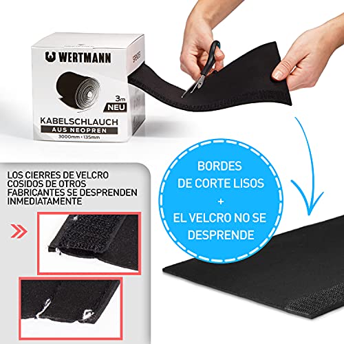 Cubre cables de neopreno Wertmann para gestión de cables de TV o PC - Diámetro ajustable - Funda de cable flexible, protector de cables para mascotas - 3m de gestión de cables b/n, tubo de cables