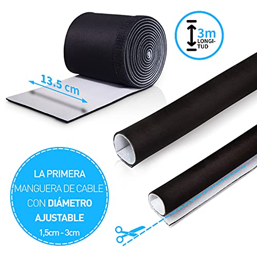 Cubre cables de neopreno Wertmann para gestión de cables de TV o PC - Diámetro ajustable - Funda de cable flexible, protector de cables para mascotas - 3m de gestión de cables b/n, tubo de cables