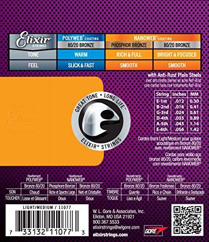 Cuerdas de guitarra acústica Elixir Strings de bronce en proporción 80/20 con recubrimiento NANOWEB, calibre ligero/mediano (.012-.056)