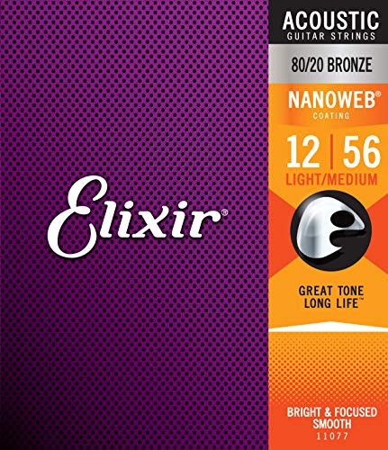 Cuerdas de guitarra acústica Elixir Strings de bronce en proporción 80/20 con recubrimiento NANOWEB, calibre ligero/mediano (.012-.056)